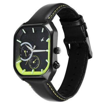Fastrack Groove Multifunction Black Dial Guy's Leather Strap Watch with Lume indices
