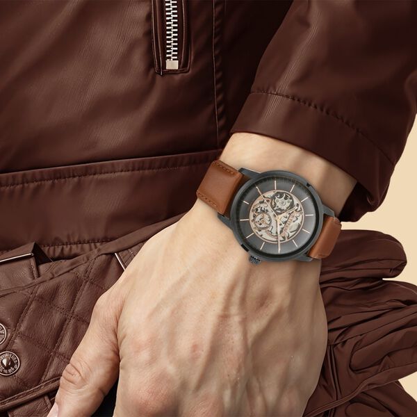 Titan Automatics Black Dial Tan Leather Strap Watch for Men - image number 6