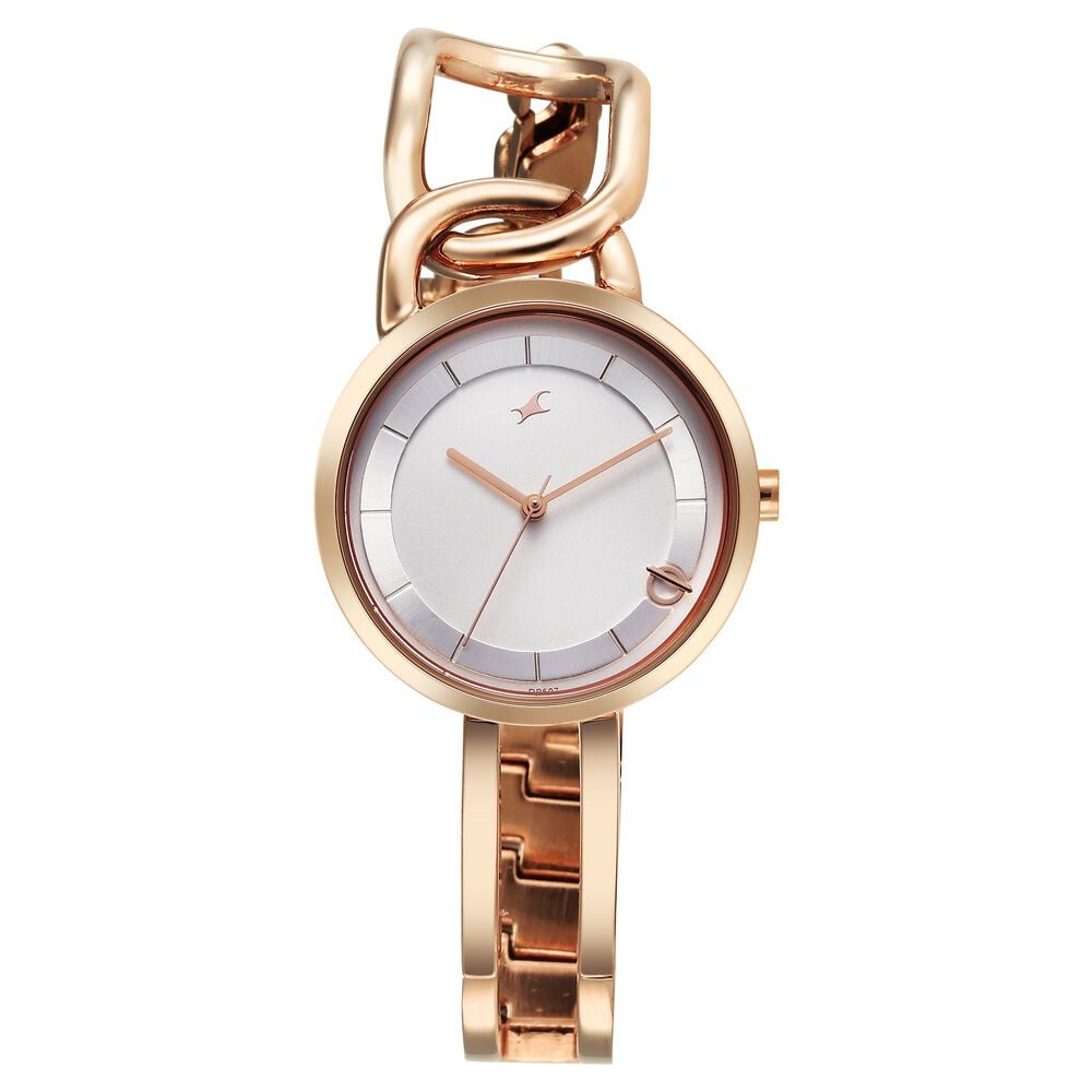 Fastrack Opulence Quartz Analog Silver White Dial Champagne Gold Metal Strap Watch For Girls-image-7