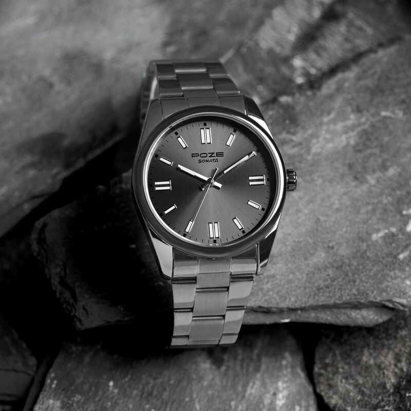 Sonata Poze Quartz Analog Grey Dial Grey Stainless Steel Strap Watch For Men