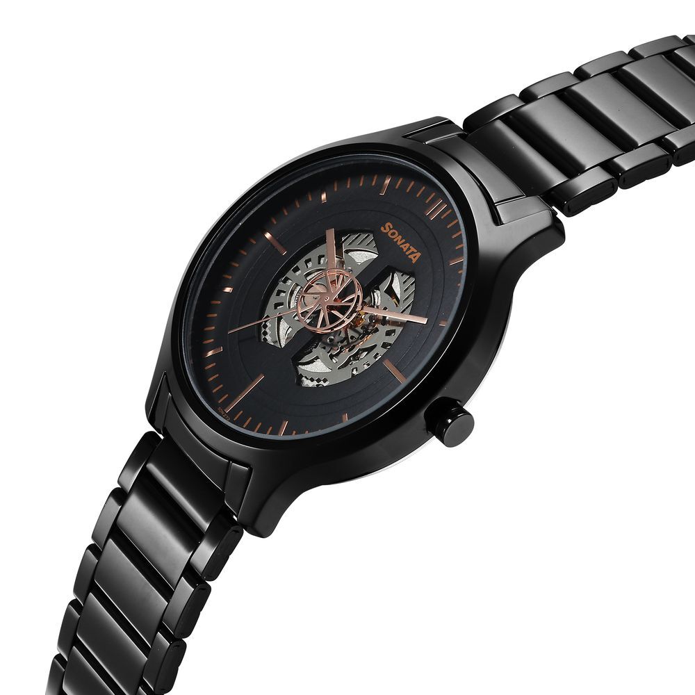 Buy Online Sonata Unveil Quartz Multifunction Black Dial Stainless Steel Strap Watch for Men 7140nm03 Titan