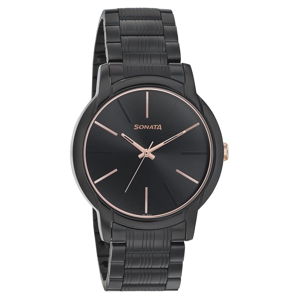 Buy Online Sonata Beyond Gold Quartz Analog Black Dial Metal Strap Watch for Men ns77031km04 Titan