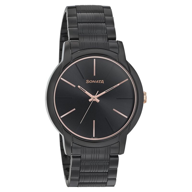 Sonata Beyond Gold Quartz Analog Black Dial Metal Strap Watch for Men