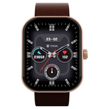 Titan Mirage with 4.97 cm AMOLED Display and AOD, Functional Crown, BT Calling Smartwatch with Brown Leather Strap