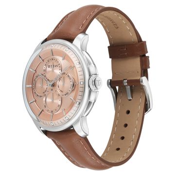 Titan Classique Four Eye Multifunction Analog with Salmon Dial Tan Brown Leather Strap Watch for Men