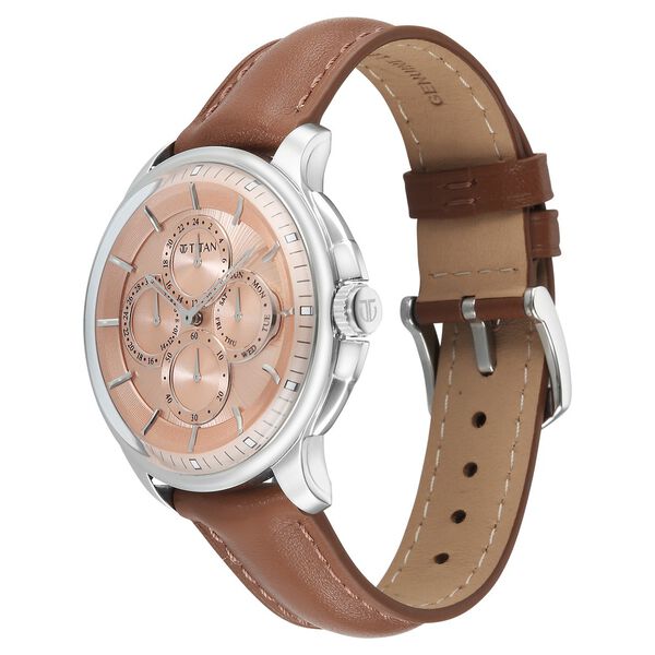 Titan Classique Four Eye Multifunction Analog with Salmon Dial Tan Brown Leather Strap Watch for Men - image number 2