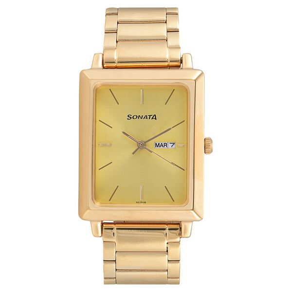 Sonata Quartz Analog with Day and Date Champagne Dial Stainless Steel Strap Watch for Men - image number 0