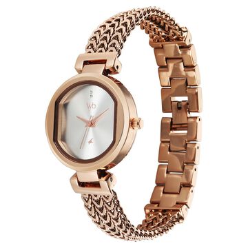 Vyb Seeker By Fastrack Quartz Analog Silver Dial Rose Gold Metal Strap Watch For Girls