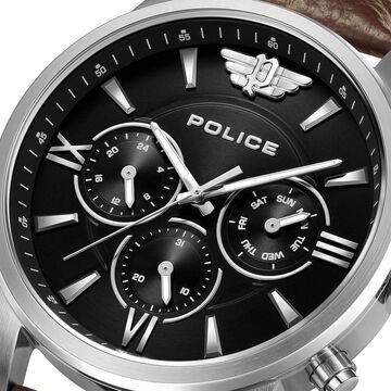 Police Quartz Multifunction Black Dial Brown Leather Strap Watch for Men