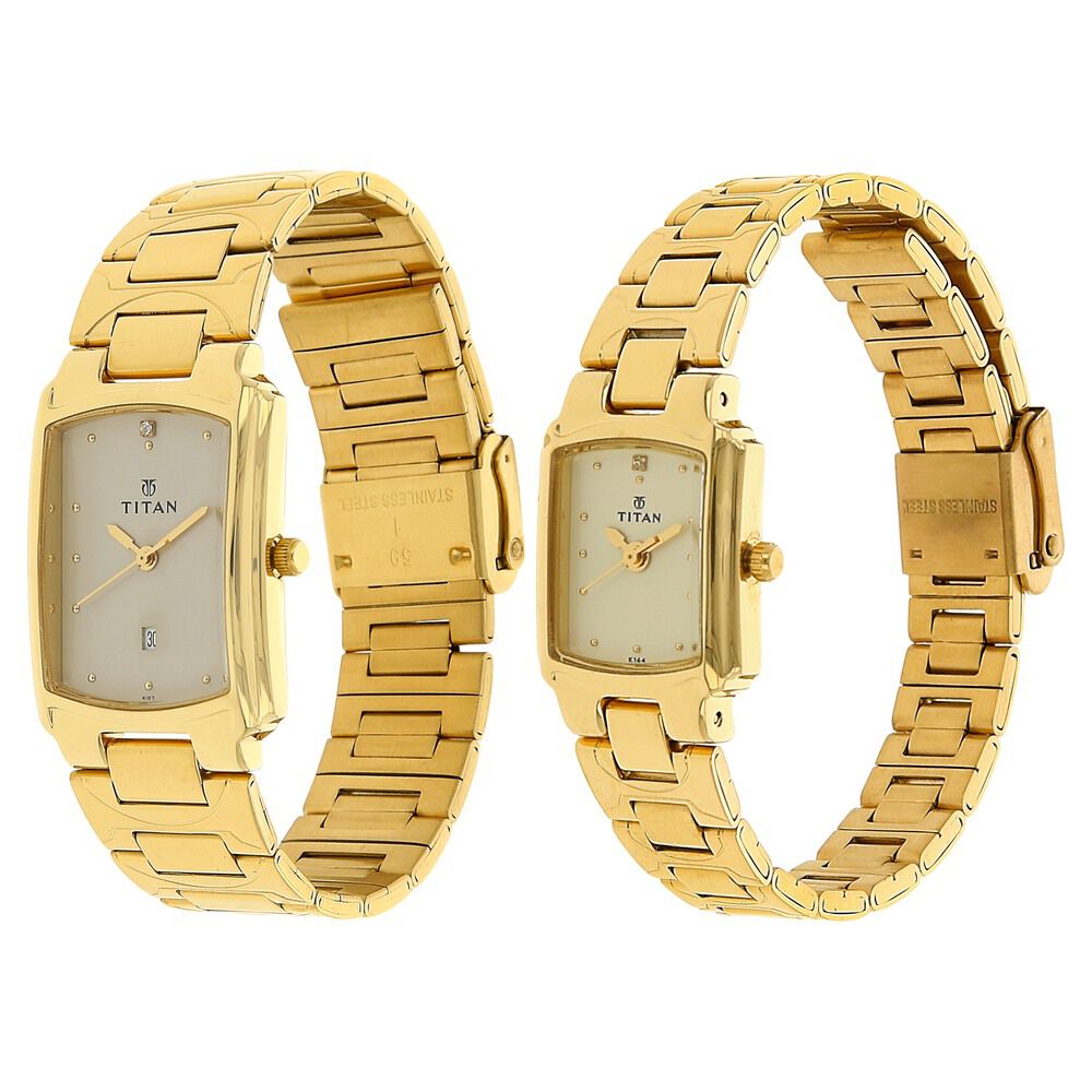 Buy Online Titan Quartz Analog with Date Champagne Dial Stainless Steel Strap Watch for Couple nj19552955ym02 Titan