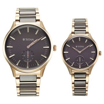 Titan Modern Bandhan Pair Analog with Grey Dial Ceramic and Carnation Gold Stainless Steel Strap Watch for Couples