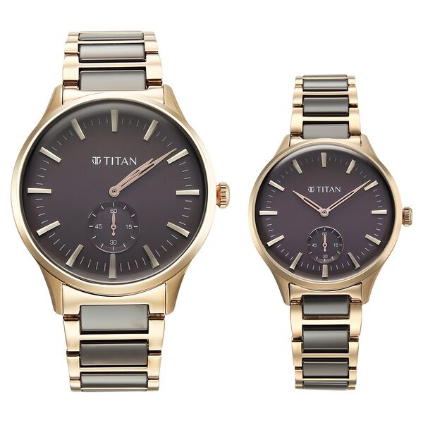 Titan Modern Bandhan Pair Analog with Grey Dial Ceramic and Carnation Gold Stainless Steel Strap Watch for Couples - image number 0