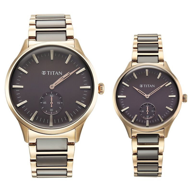 Titan Modern Bandhan Pair Analog with Grey Dial Ceramic and Carnation Gold Stainless Steel Strap Watch for Couples