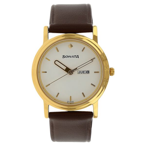 Sonata Quartz Analog with Day and Date White Dial Leather Strap Watch for Men - image number 0