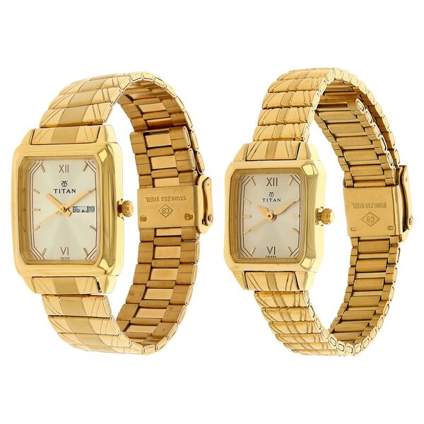 Titan Quartz Analog with Day and Date Champagne Dial Metal Strap Watch for Couple - image number 1