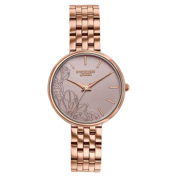 Poze Poze Quartz Analog Beige Dial Rose Gold Metal Strap Watch For Women - image number 1