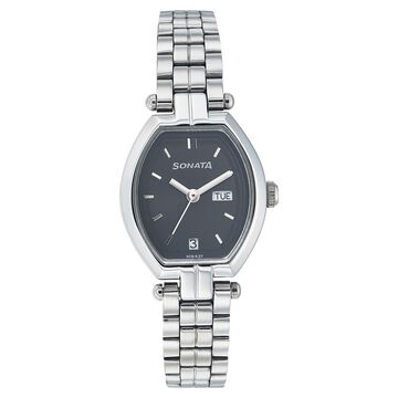 Sonata Quartz Analog with Day and Date Black Dial Metal Strap Watch for Women