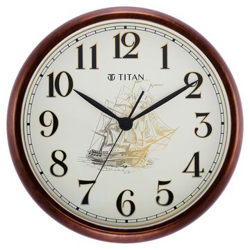 Titan Decorative Dark Brown Wood Finish Clock with Ship Design on Dial and Silent Sweep - 39.8 cm x 39.8 cm (Large)