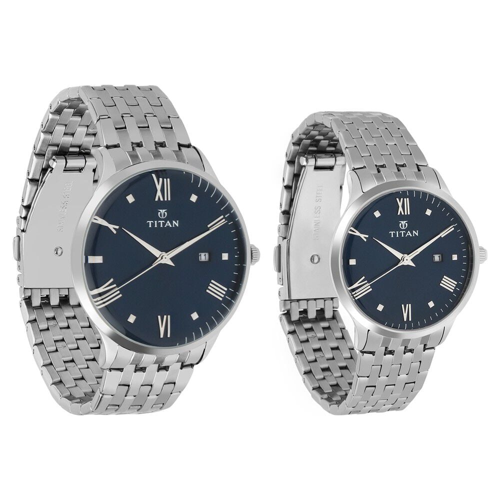 Titan Bandhan Blue Dial Analog with Date Stainless Steel Strap watch for Couple