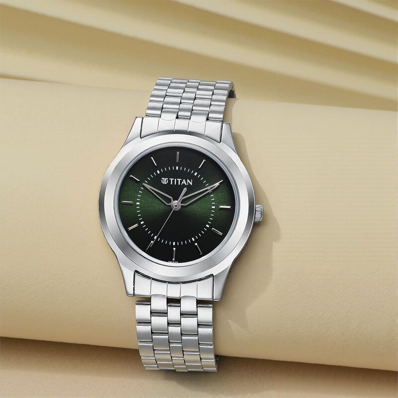 Titan Karishma Zing Quartz Analog Green Dial Silver Stainless Steel Strap Watch For Men