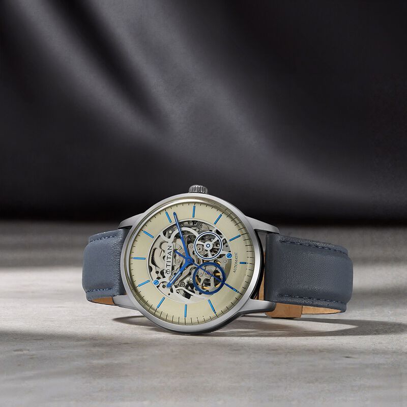 Titan Automatic Champagne Dial Blue Leather Strap Watch for Men