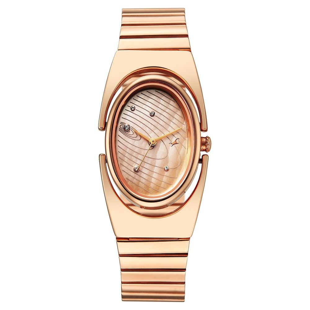 Fastrack UFO Quartz Analog Yellow Mother of Pearl Dial Rose Gold Colour Stainless Steel Strap Watch For Girls-picture-21