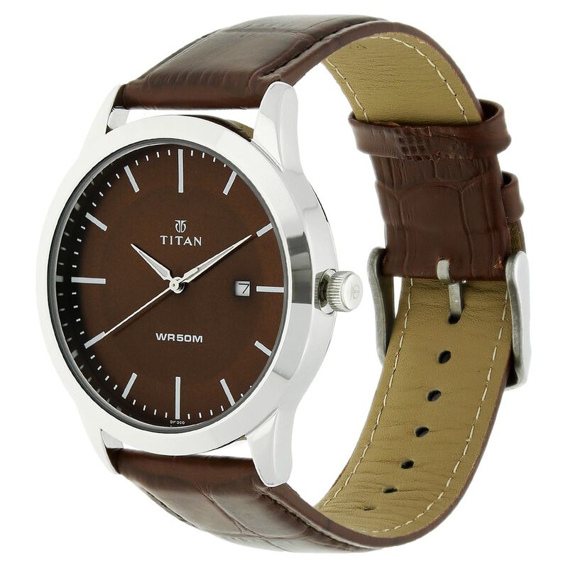 Buy Online Titan Quartz Analog with Date Brown Dial Leather Strap Watch