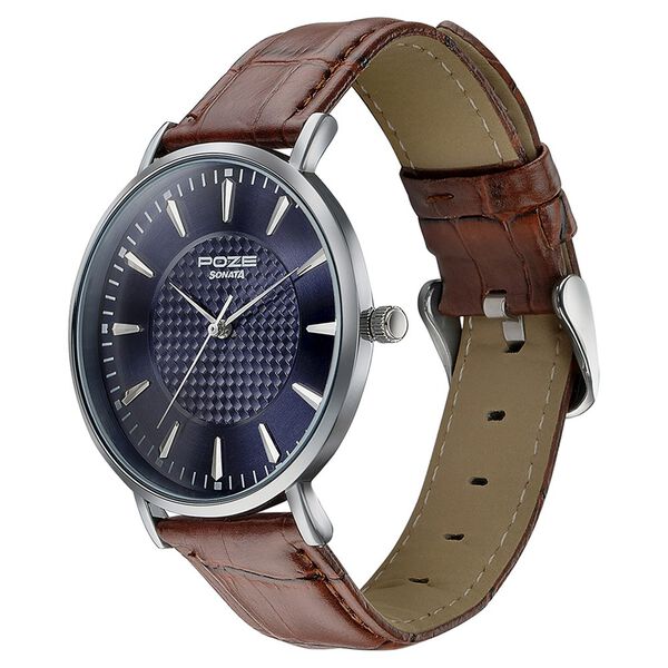 Sonata Poze Quartz Analog Blue Dial Leather Strap Watch for Men - image number 3