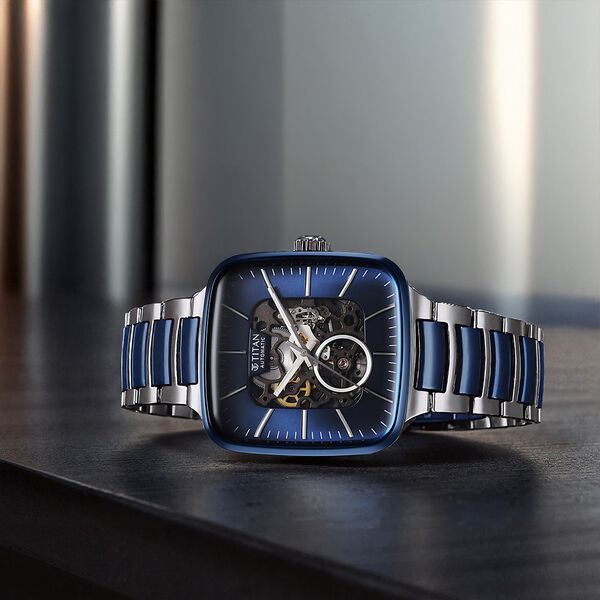 Titan Ceramic Fusion Automatic Square Blue Dial Rose Gold Dual-Toned Stainless Steel Bracelet Watch for Men - image number 0