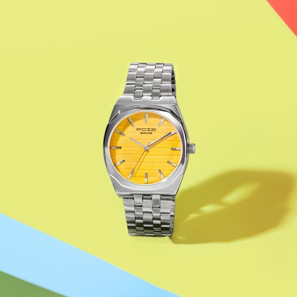 Sonata Poze Quartz Analog Yellow Dial Silver Colour Stainless Steel Strap Watch For Men - image number 0