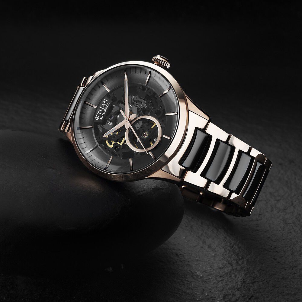 Buy Online Titan Ceramic Fusion Automatic Black Dial Rose Gold Dual Toned Stainless Steel Bracelet Watch for Men 90174kd03 Titan
