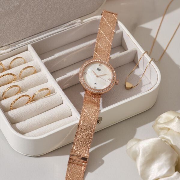 Fastrack Vyb Eclipse Quartz Analog Mother of Pearl Dial Rose Gold Color Metal Strap Watch For Girls - image number 0