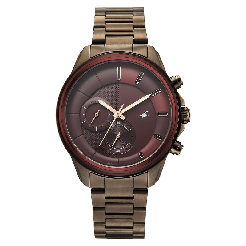 Fastrack Wild Quartz Chronograph Maroon Dial Chrome K Stainless Steel Strap Watch For Guys
