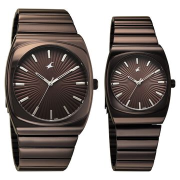 Fastrack Mixmatched Quartz Analog Multicoloured Dial Two Toned Stainless Steel Strap Watch For Couple