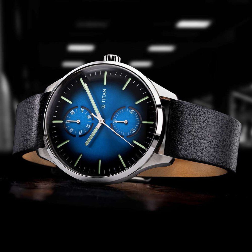 Buy Online Titan Evoke Blue Dial Analog with Day and Date Leather Strap Watch for Men ns1833sl03 Titan