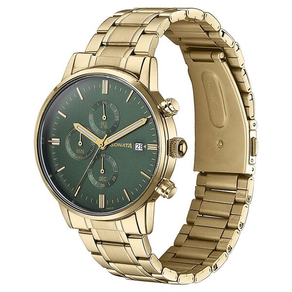 Sonata Quartz Multifunction Green Dial Golden Stainless Steel Strap Watch For Men - image number 3