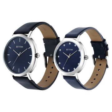 Titan Memento Blue Dial Analog Leather Strap watch for Couple