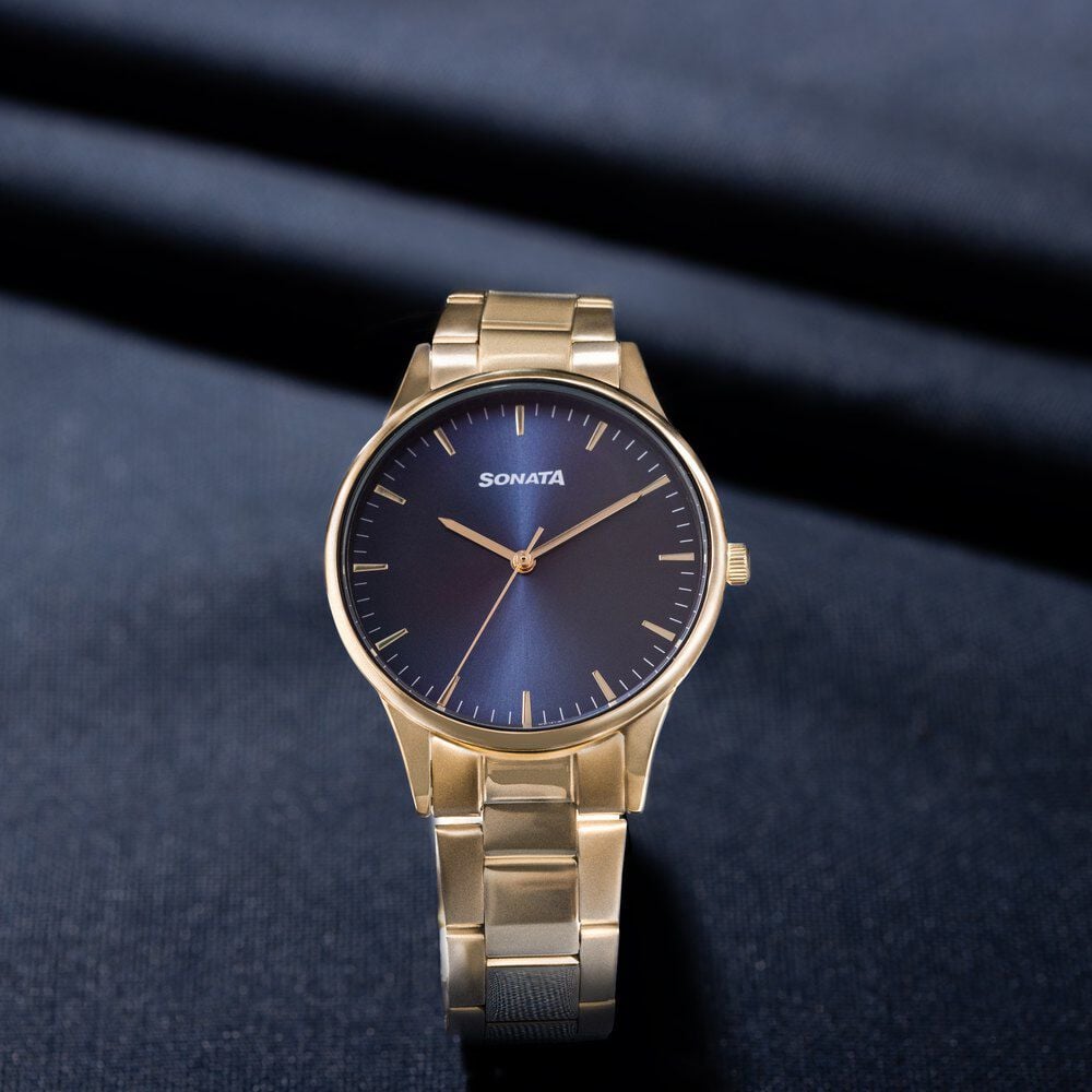 Buy Online Sonata Quartz Analog Blue Dial Golden Stainless Steel