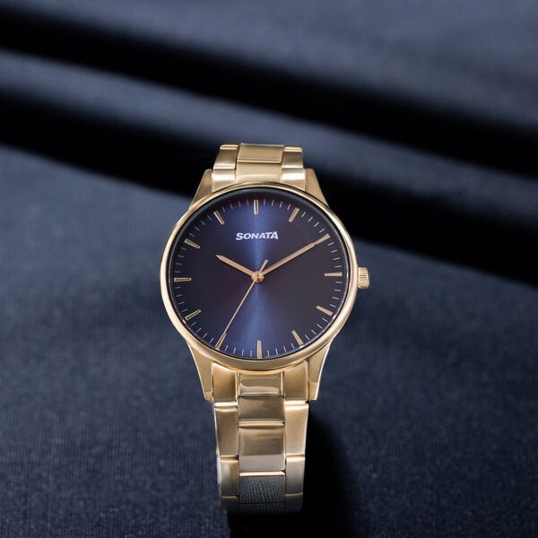 Sonata Quartz Analog Blue Dial Golden Stainless Steel Strap Watch For Men - image number 0