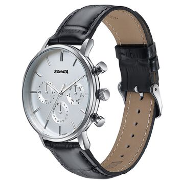 Sonata Festive Quartz Multifunction Silver Dial Black Leather Strap Watch For Men