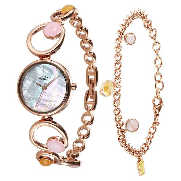 Titan Raga New You Quartz Analog Mother Of Pearl Citrine and Rose Quartz stones Strap for Women - image number 3