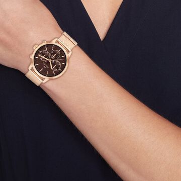 Tommy Hilfiger Quartz Multifunction Brown Dial Rose Gold Stainless Steel Strap Watch For Women