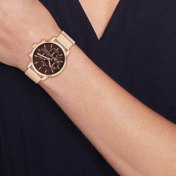 Tommy Hilfiger Quartz Multifunction Brown Dial Rose Gold Stainless Steel Strap Watch For Women - image number 3