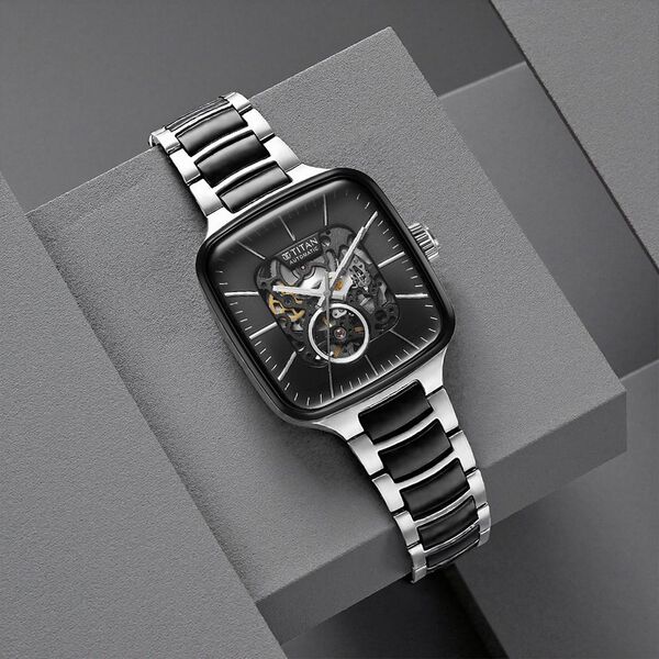 Titan Ceramic Fusion Automatic Square Black Dial Silver Dual-Toned Stainless Steel Bracelet Watch for Men - image number 0