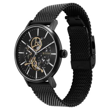 Titan Mechanical Slimline Black Dial Black Mesh Strap Watch for Men