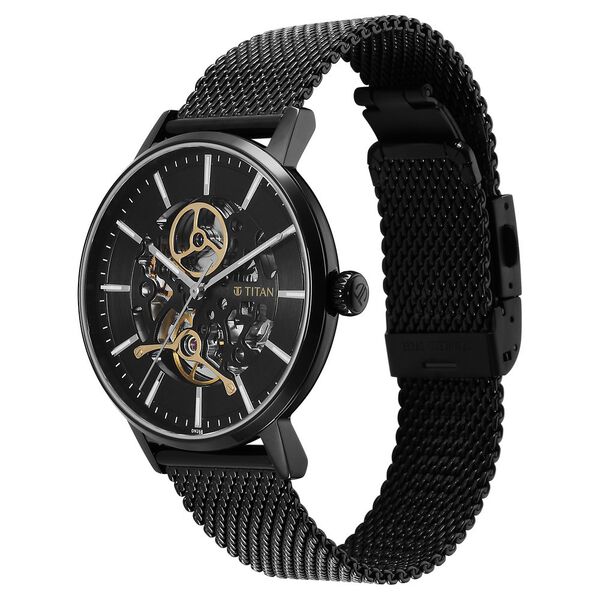 Titan Mechanical Slimline Black Dial Black Mesh Strap Watch for Men - image number 3
