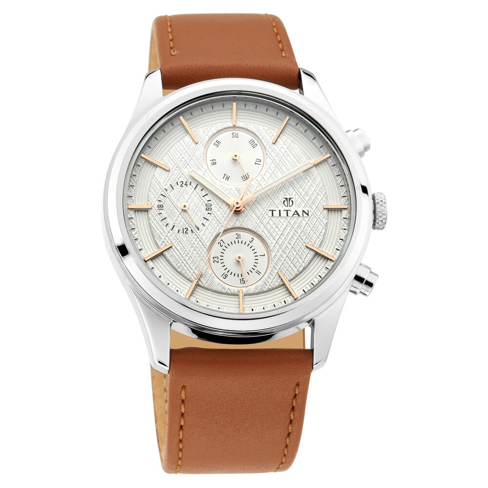 Buy Online Titan Pay White Dial Quartz Multifunction Leather Strap