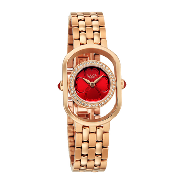 Titan Raga Paris, with Love Quartz Analog Red Mirror Polished Dial Rose Gold Stainless Steel Strap Watch For Women