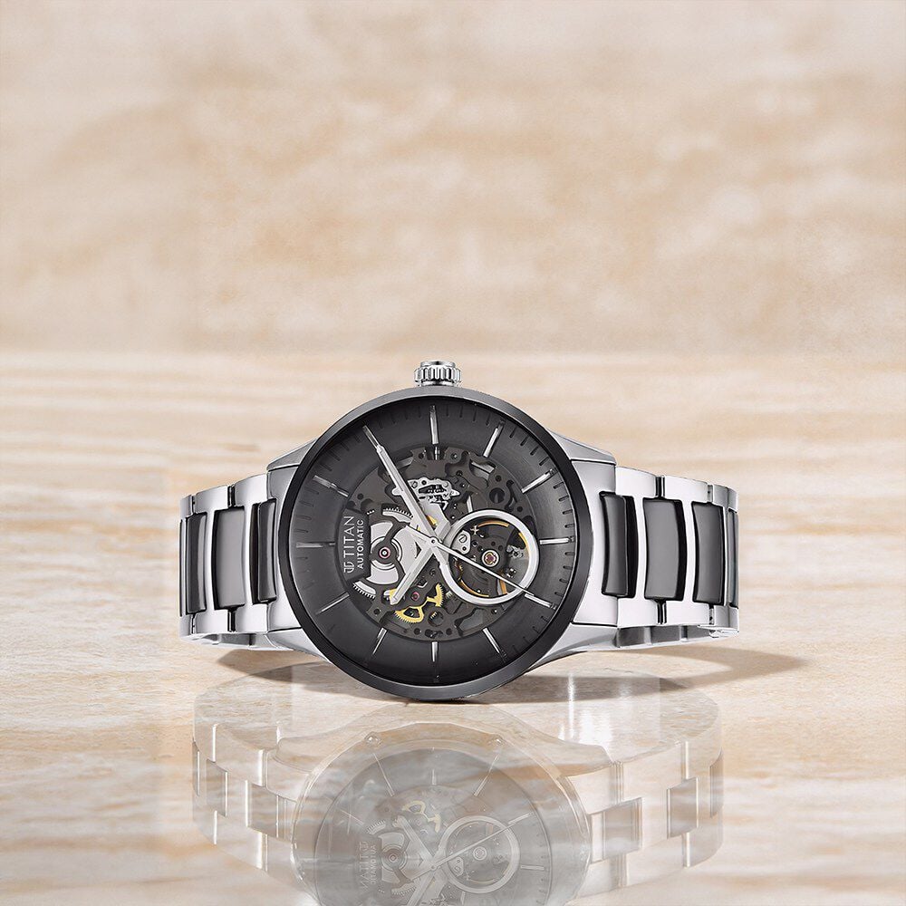 Titan Ceramic Fusion Automatic Black Dial Silver Dual-Toned Stainless Steel Bracelet Watch for Men-picture-28