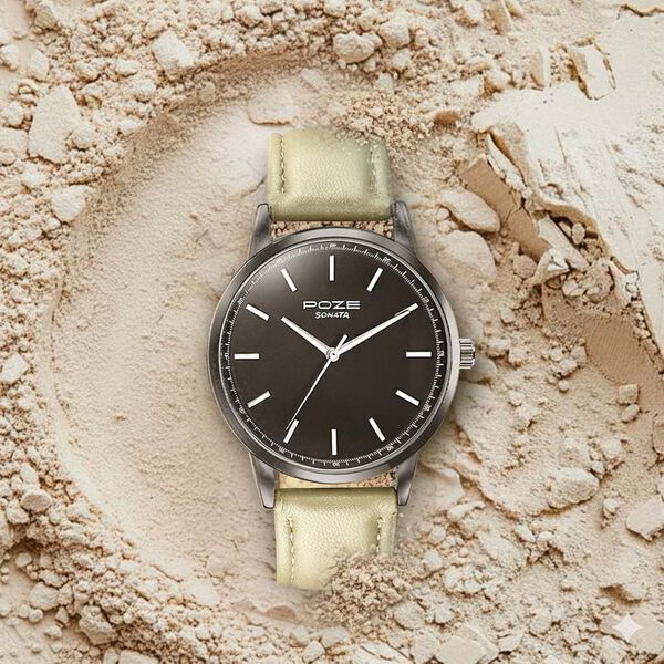 Poze By Sonata Quartz Analog Black Dial Beige Leather Strap Watch For Men - image number 0